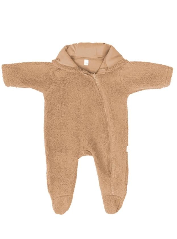 Ayı Kulaklı Kapüşonlu Peluş Tulum - Karamel