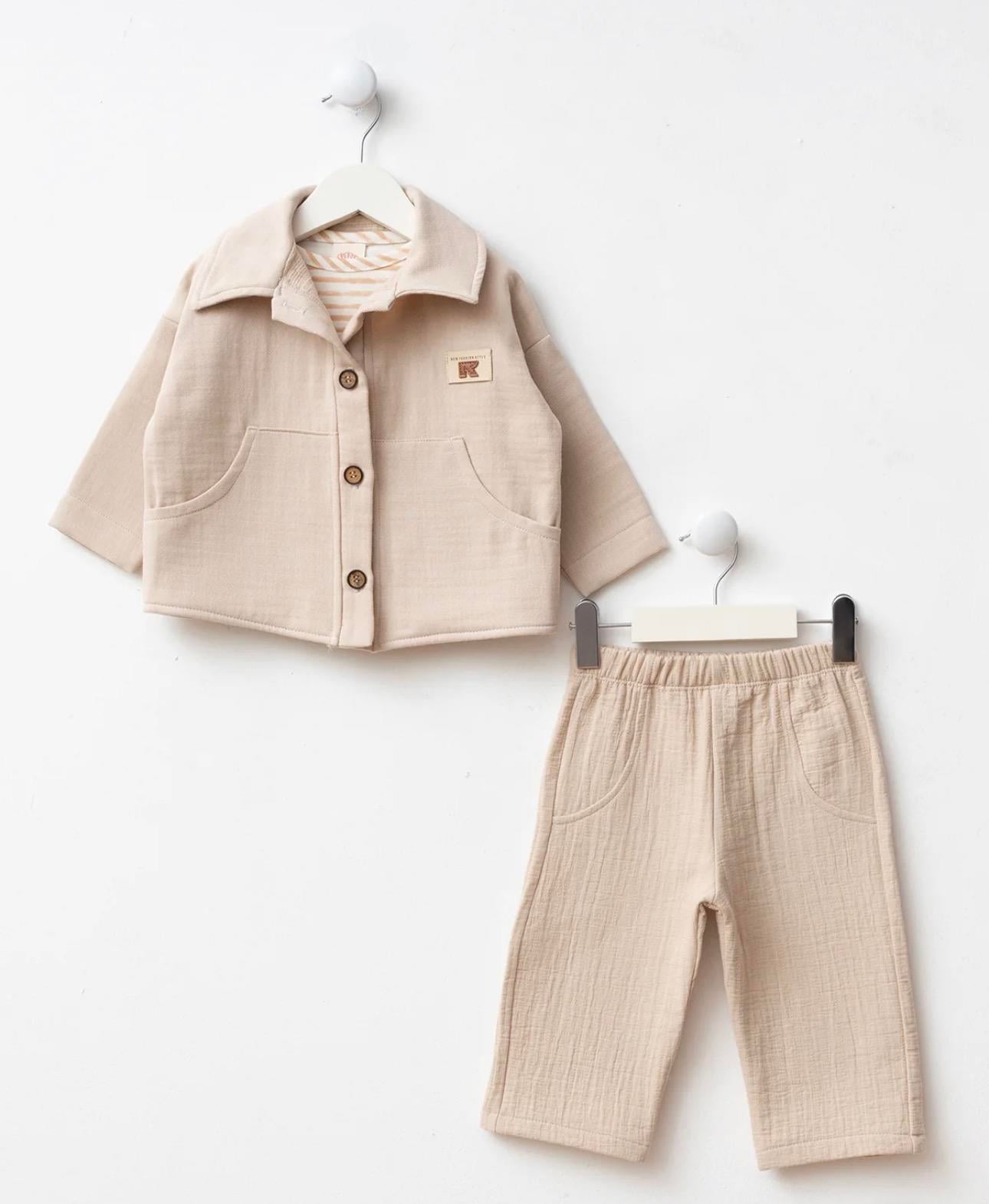 Erkek Bebek Müslin 3lü Takım - Bej