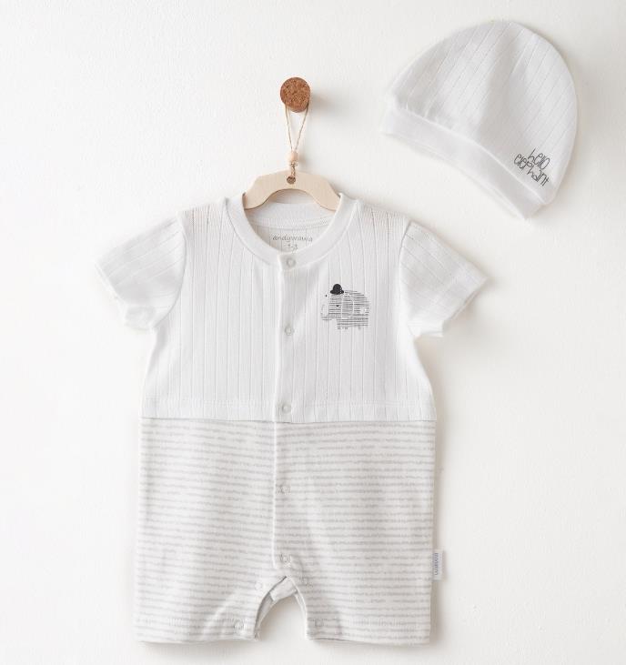 AC26591 WHITE BEBEK TULUM TAKIM ROMPER HAT SET JACQUARD HELLO ELEPHANT
