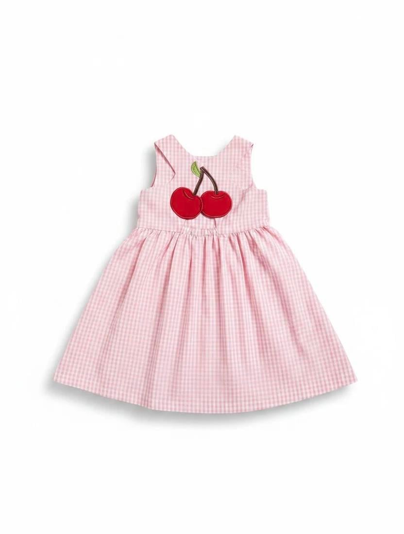 Cherry Detaylı Pembe Ekose Elbise