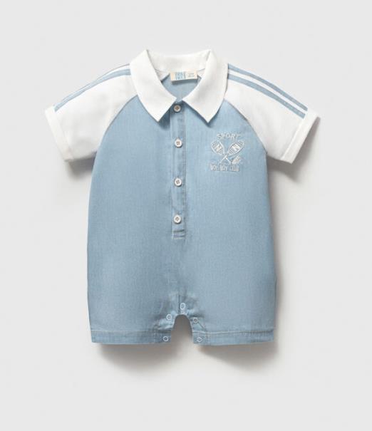 Bebek Denim Şort Tulum – Tenis Nakışlı Polo Yaka Romper 