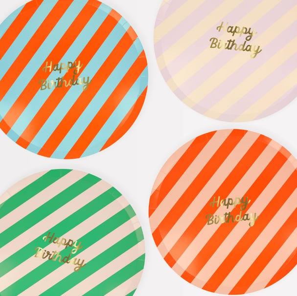 Meri Meri - Stripe Happy Birthday Dinner Plates - Çizgili Happy Birthday Tabaklar (L) (x8
