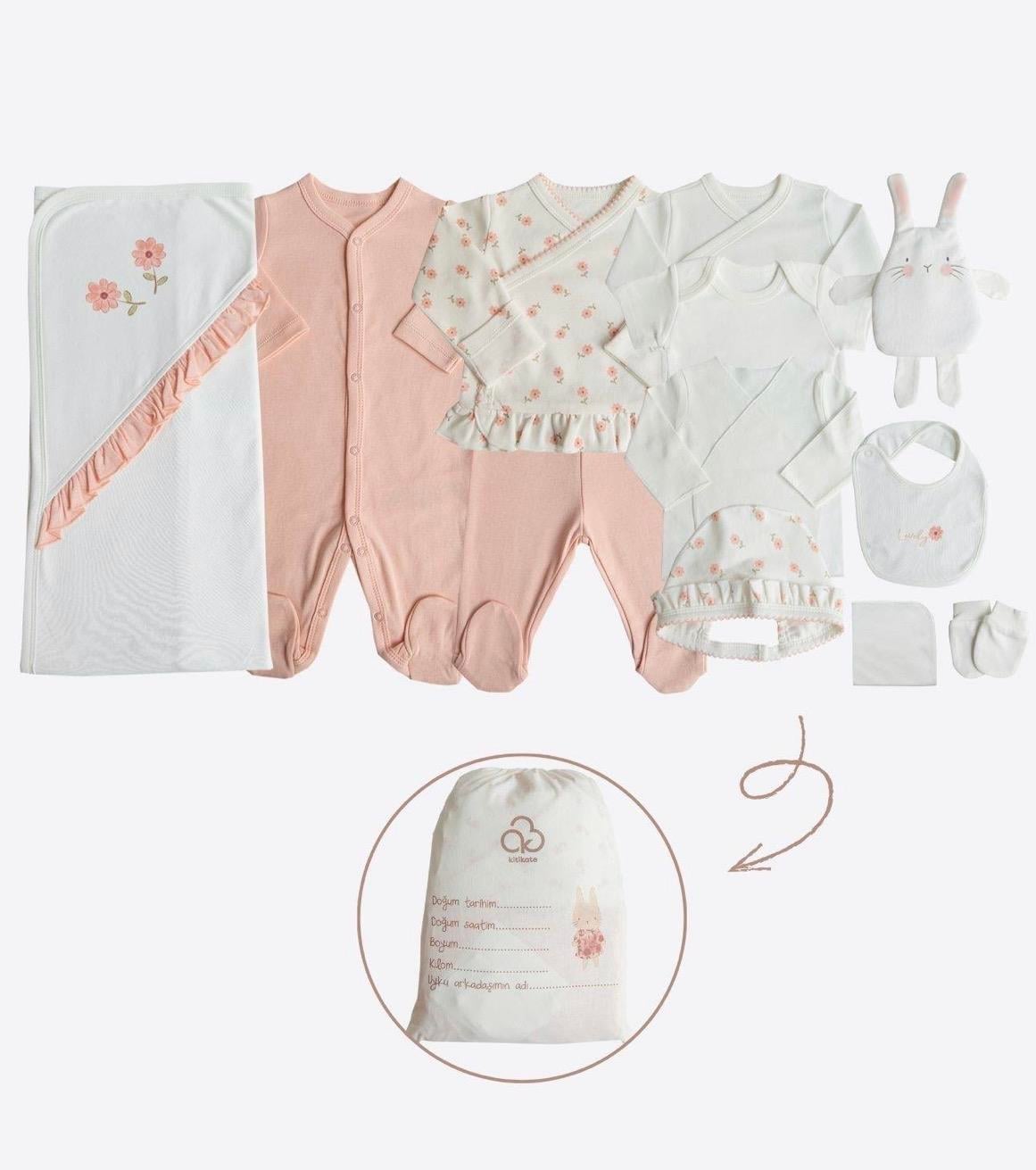 Organik Lovely Flowers 12'li Hastane Çıkış Seti Pembe