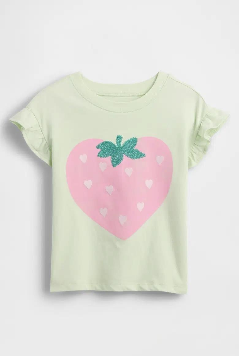 Kız Bebek | Ruffle 3D Grafik Baskılı T-Shirt - Çilek