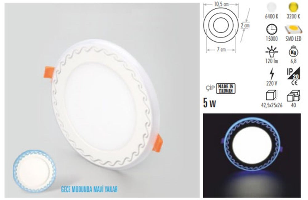 7W OKYANUS LED PANEL ARMATÜR (GECE MODUNDA MAVİ YANAR)