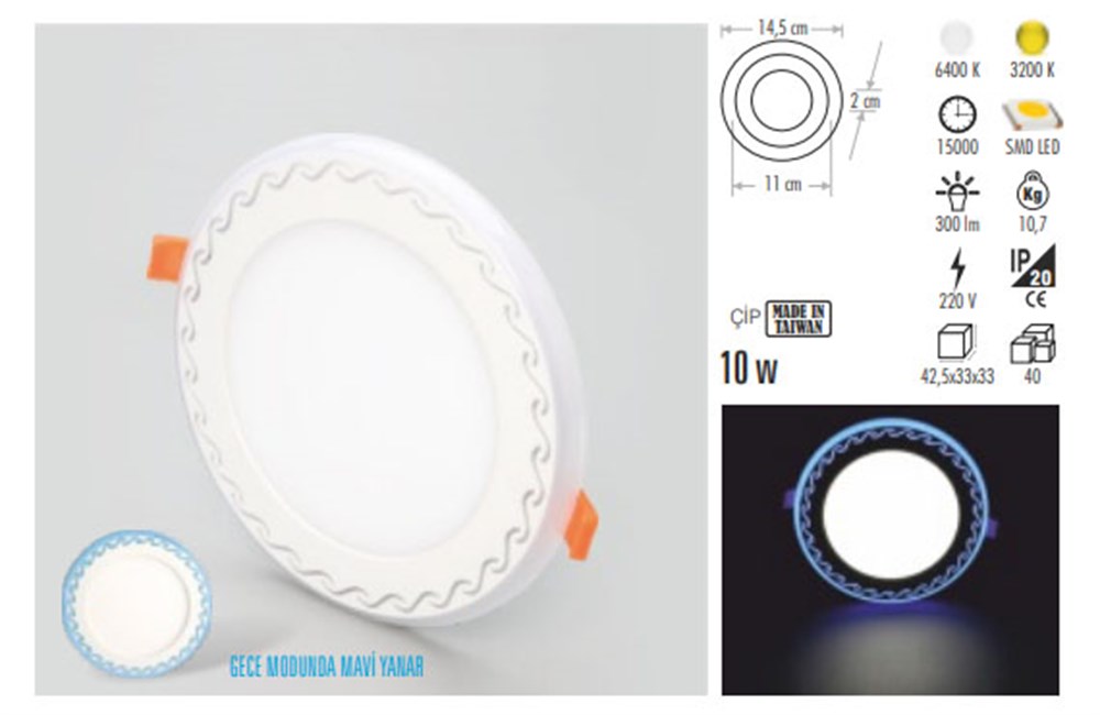 10W OKYANUS LED PANEL ARMATÜR (GECE MODUNDA MAVİ YANAR)