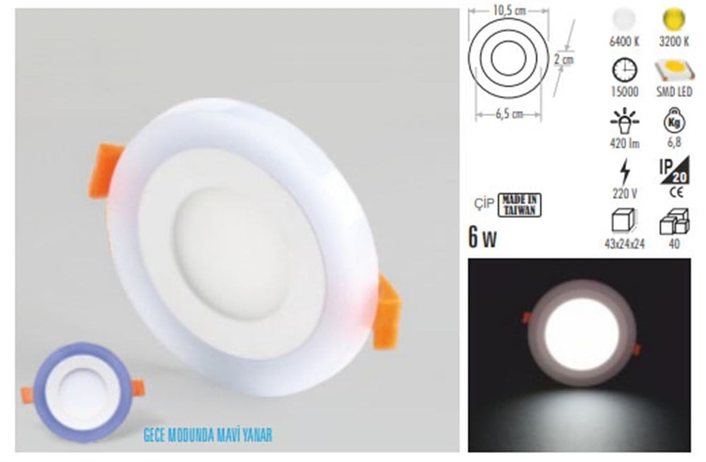 7W OKYANUS PANEL LED ARMATÜR (GECE MODUNDA MAVİ YANAR)