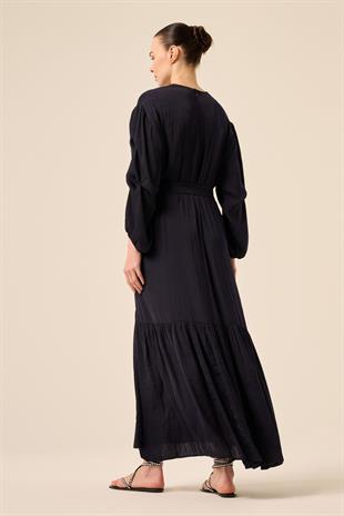 BELDEN KUŞAKLI KOLLARI BÜZGÜ DETAYLI MEMOL CUPRA ELBİSE