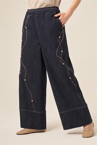 BELİ LASTİKLİ DENİZ KABUĞU İŞLEMELİ DENIM PANTOLON