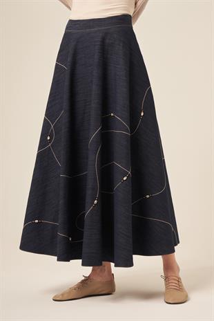 DENİZ KABUĞU İŞLEMELİ DENIM KLOŞ ETEK