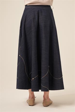 DENİZ KABUĞU İŞLEMELİ DENIM KLOŞ ETEK