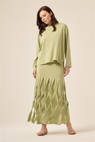 DÜĞÜMLÜ VE SAÇAKLI BAMBU PANTOLONLU TAKIM