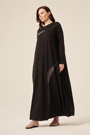 GARNİ APARA BİYE DETAYLI UZUN KOLLU BAMBU ELBİSE