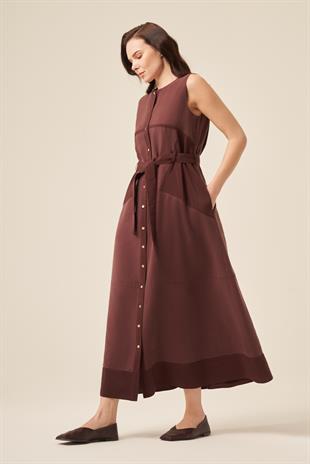 ÖNDEN SARI METAL DÜĞMELİ DUBAI DETAY KOLSUZ PASION ELBISE