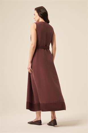 ÖNDEN SARI METAL DÜĞMELİ DUBAI DETAY KOLSUZ PASION ELBISE