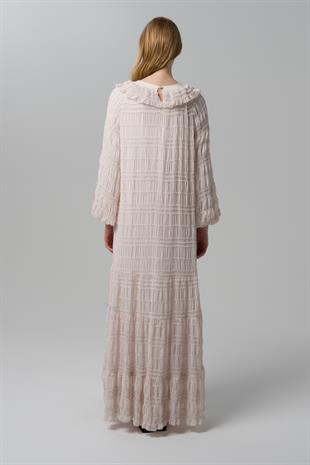 S-4768 YAKASI SATEN GARNİLİ BALON KOL RİBAN ELBİSE