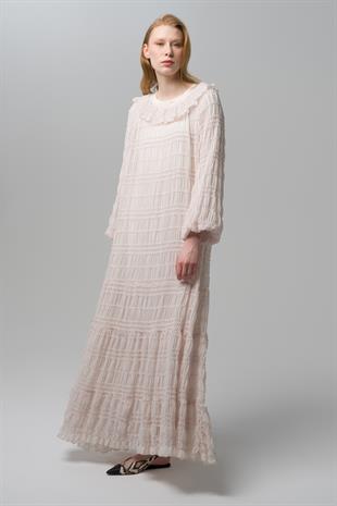 S-4768 YAKASI SATEN GARNİLİ BALON KOL RİBAN ELBİSE