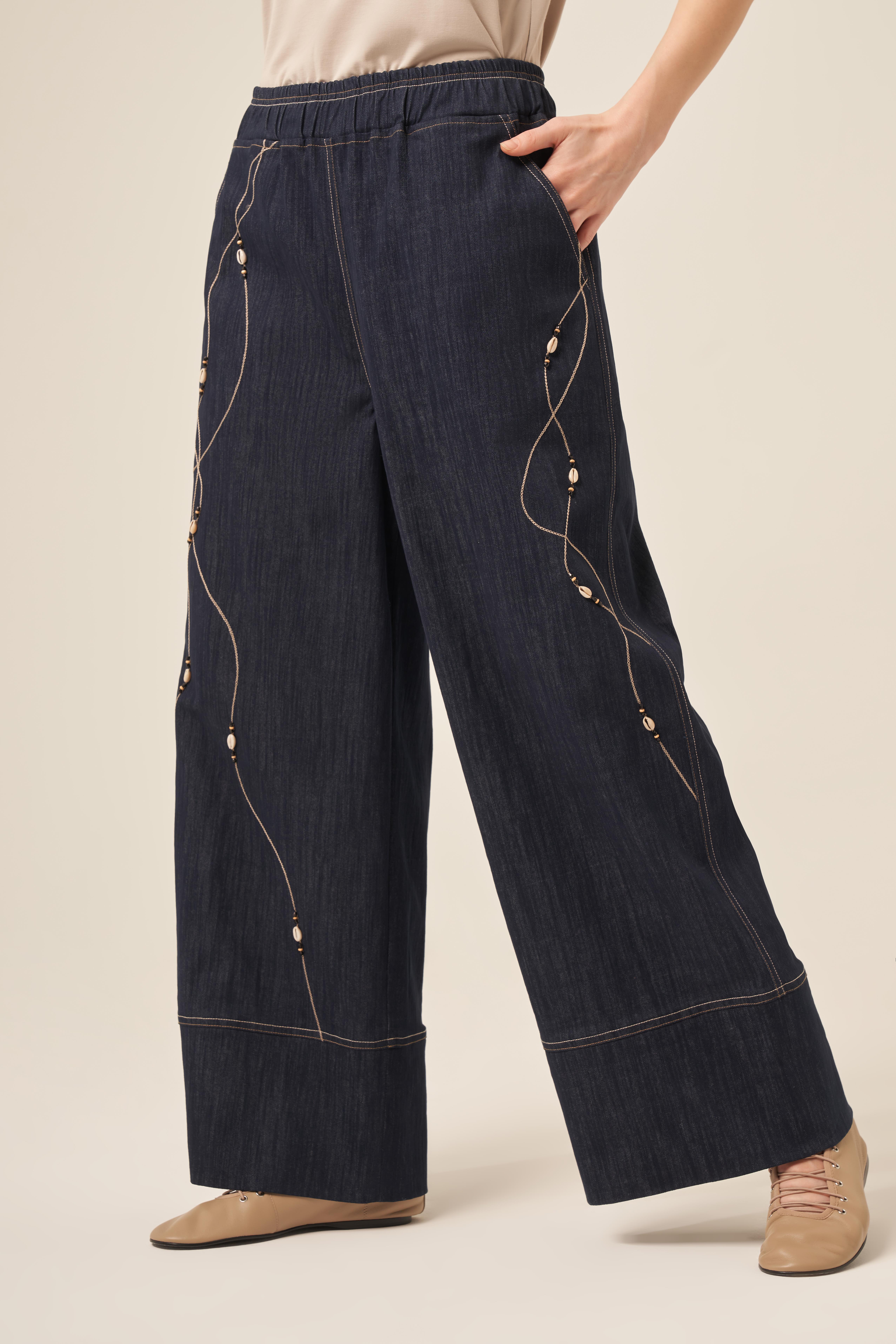 BELİ LASTİKLİ DENİZ KABUĞU İŞLEMELİ DENIM PANTOLON