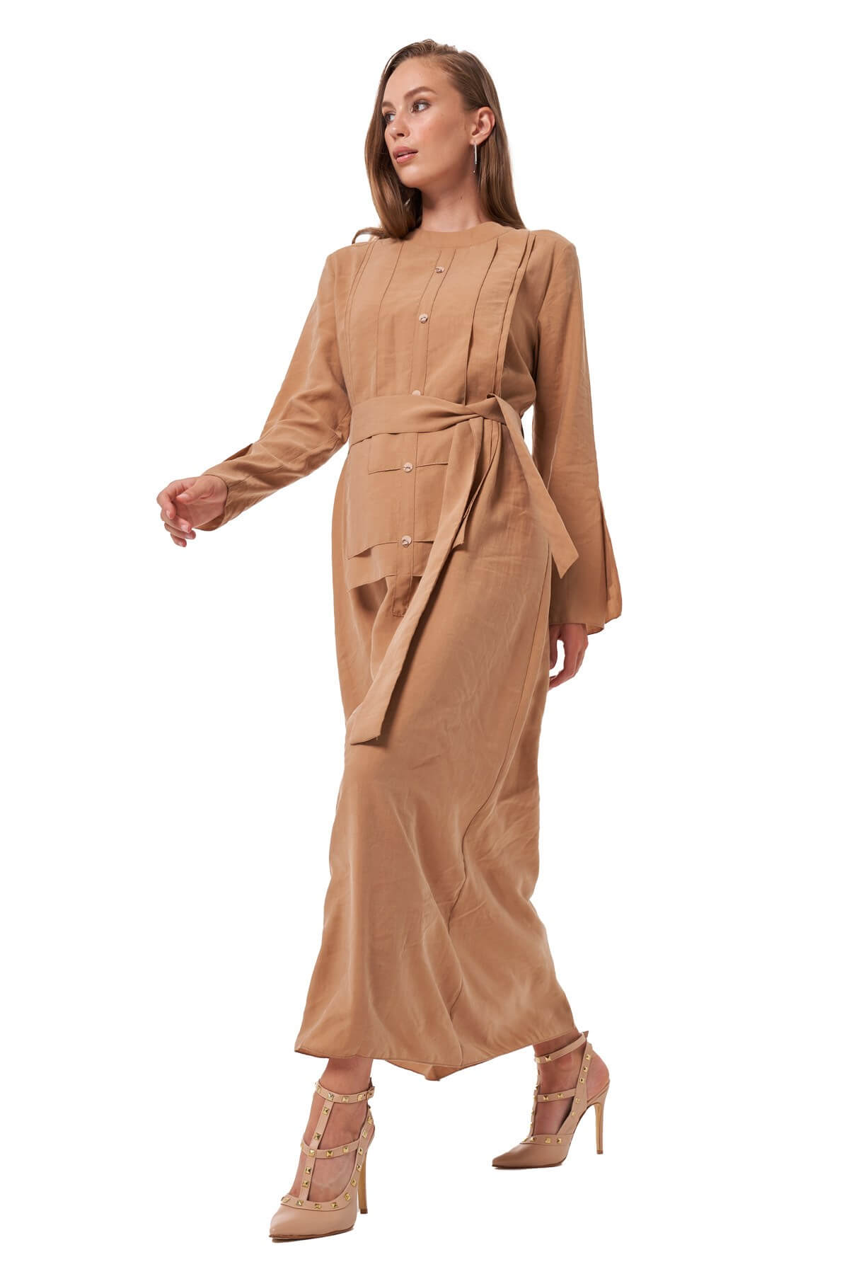 W-3725 Önü Ve Kollar Kat Kat Belden Kuşaklı Cupra Camel Elbise