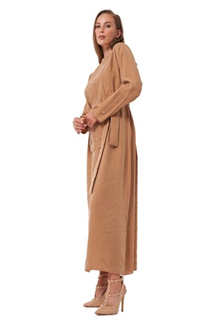 W-3725 Önü Ve Kollar Kat Kat Belden Kuşaklı Cupra Camel Elbise