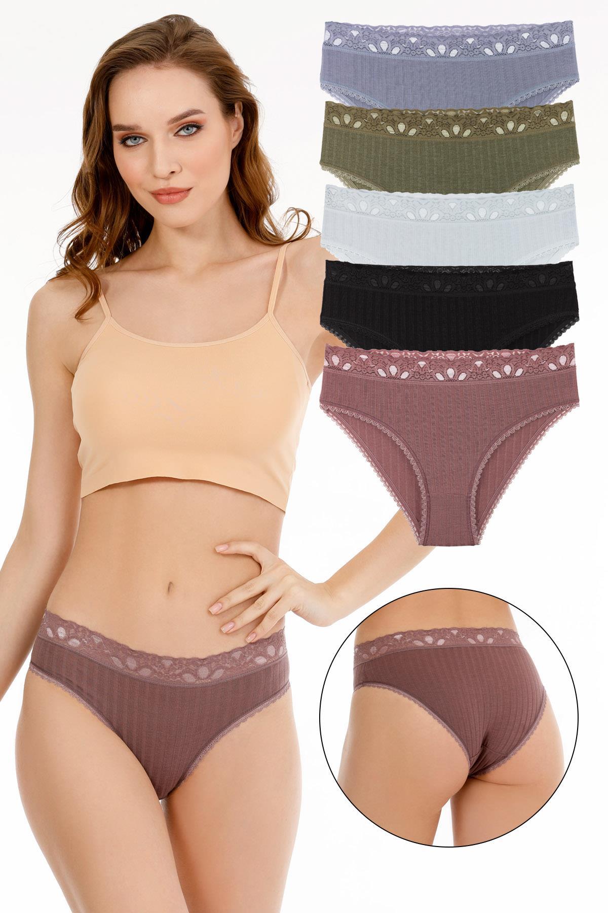 Kadın Fitilli Dantel Detaylı Slip Külot 5li Paket Set KARIŞIK