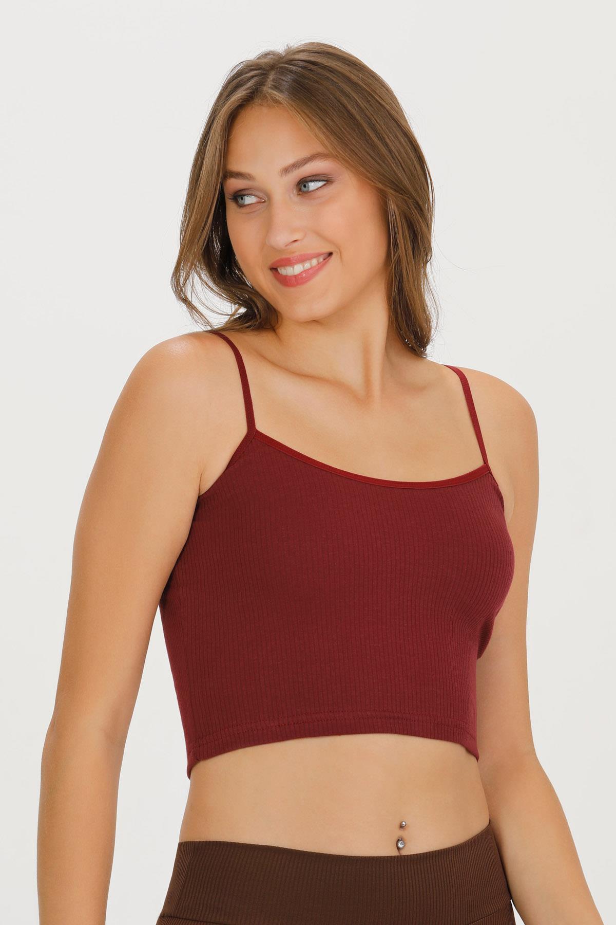 Sensu Kadın Fitilli Kumaş İp Askılı Crop Büstiyer - CROP120 BORDO