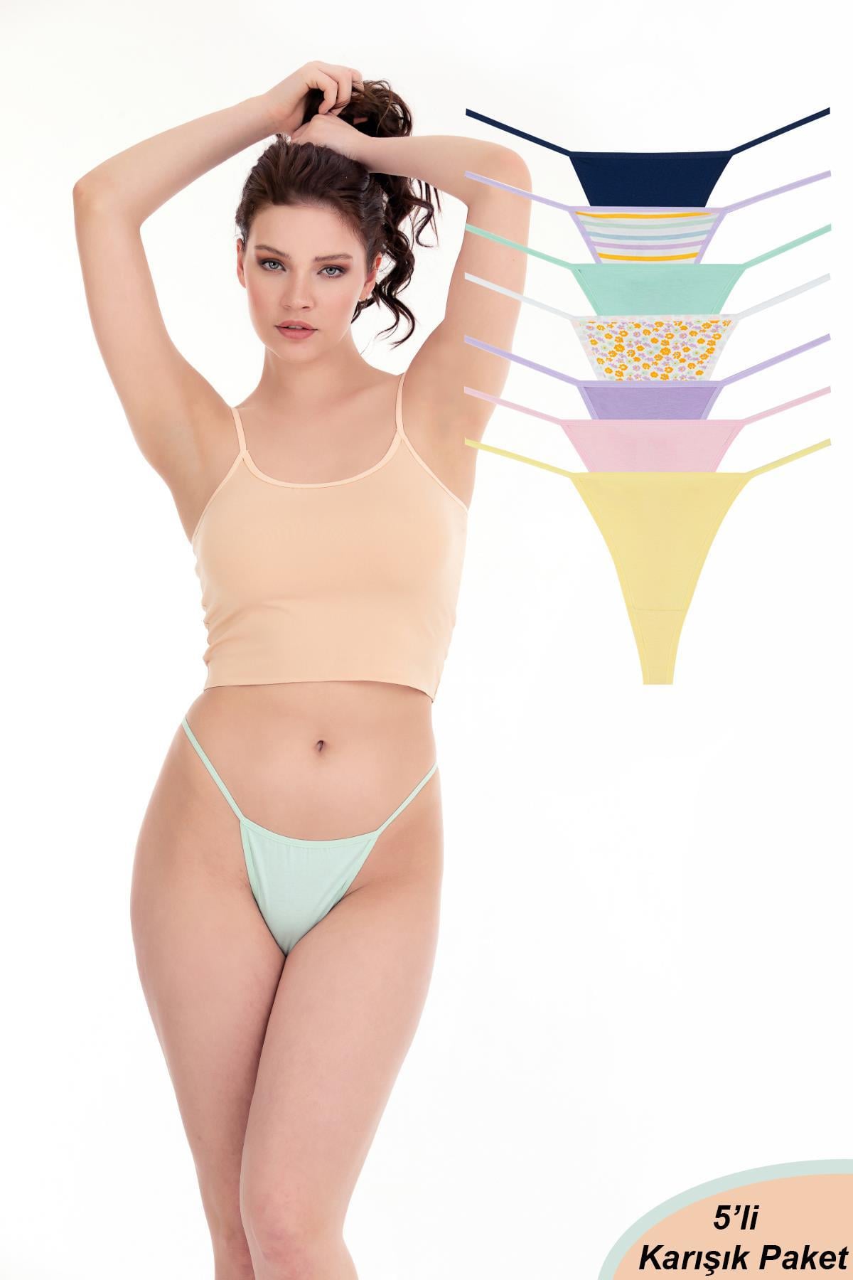 Sensu Kadın İpli Brazilian Tanga 7 li  Külot Set Desenli Karışık Renkler -KTS3023