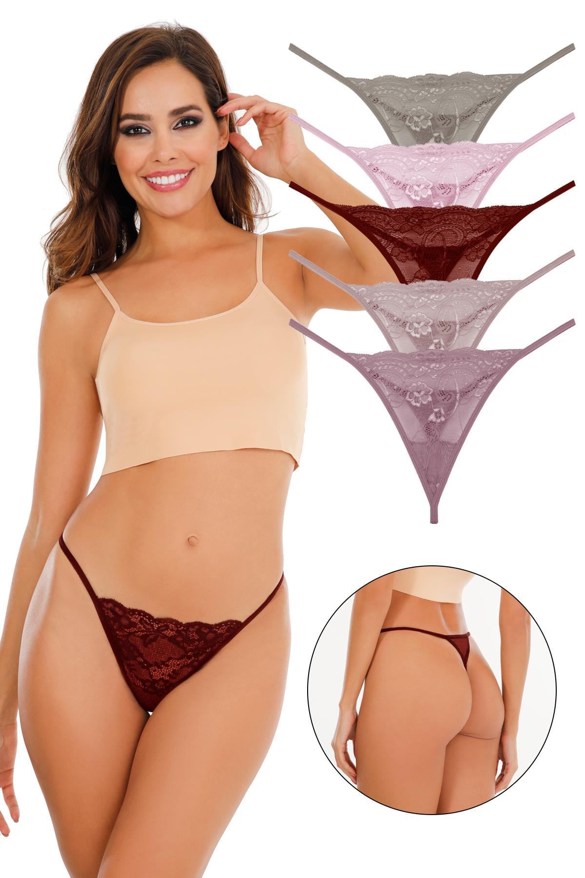 Sensu Kadın İpli Dantelli Tanga 5li  Külot Set Karışık Renkler KTS3062 MODEL5
