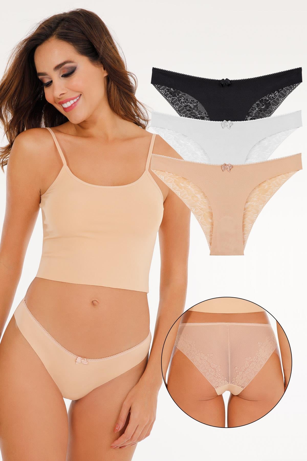 Sensu Kadın Lazer Kesim Brazilian Model Dantel Detaylı 3lü Külot Set - KTS3106 MODEL1