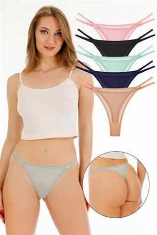 KadınTül Detaylı Beli İpli  Tanga 5li Külot Set - KTS4003 KARIŞIK