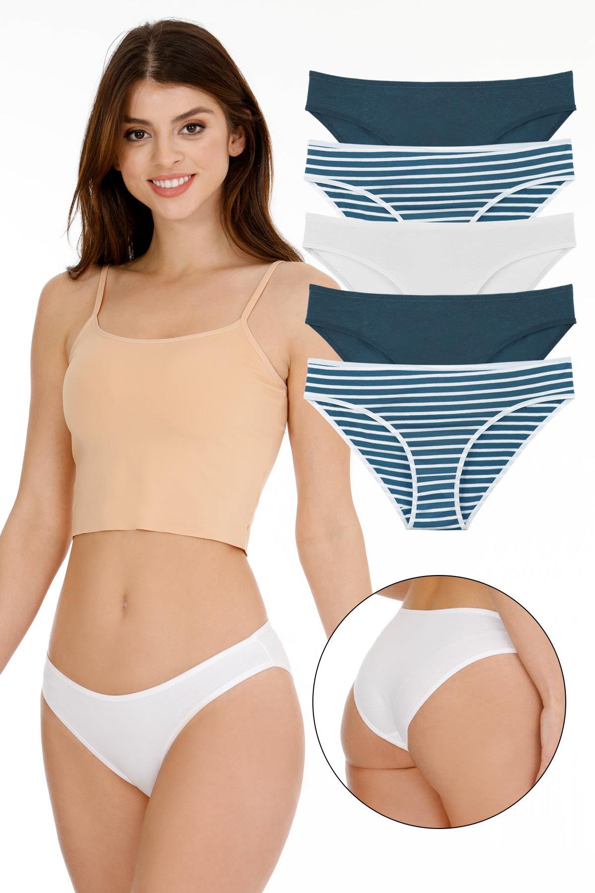 Kadın Çizgili Karışık Renkler Slip Külot 5li Paket Set - KTS3051 MODEL4