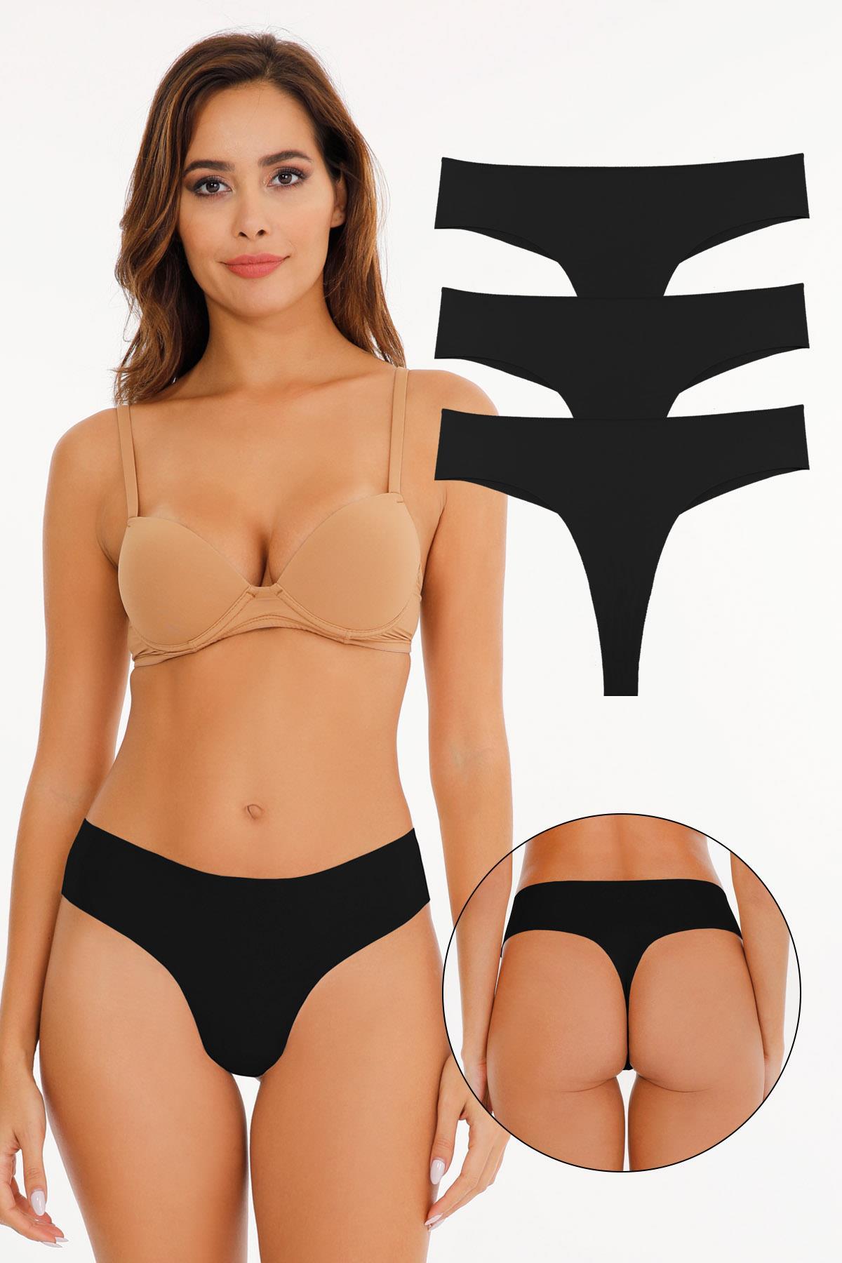 Kadın Lazer Kesim Tanga Külot 3LÜ Paket Set KTS3067 Siyah