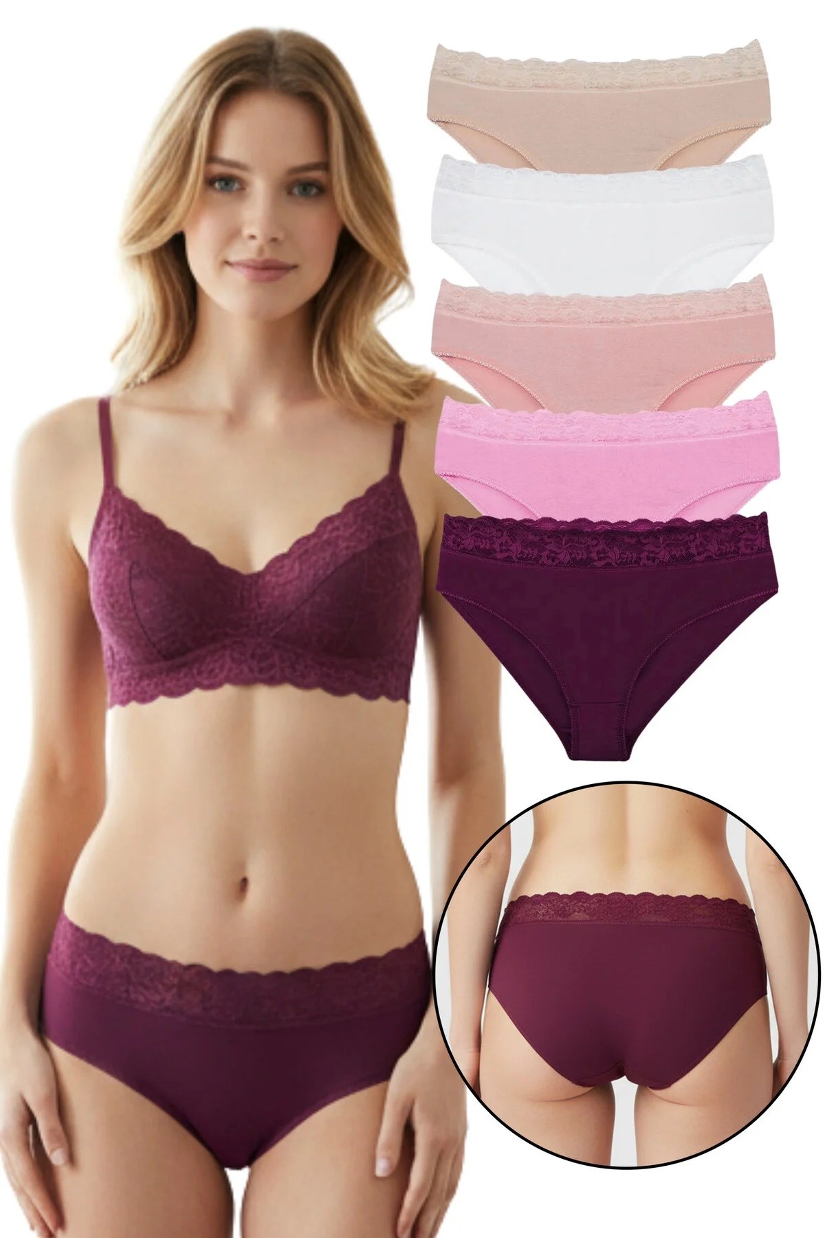 Kadın Organik Bambu Kumaş Beli Dantelli Slip Külot 5 li Paket Set - KTS3081 KARIŞIK