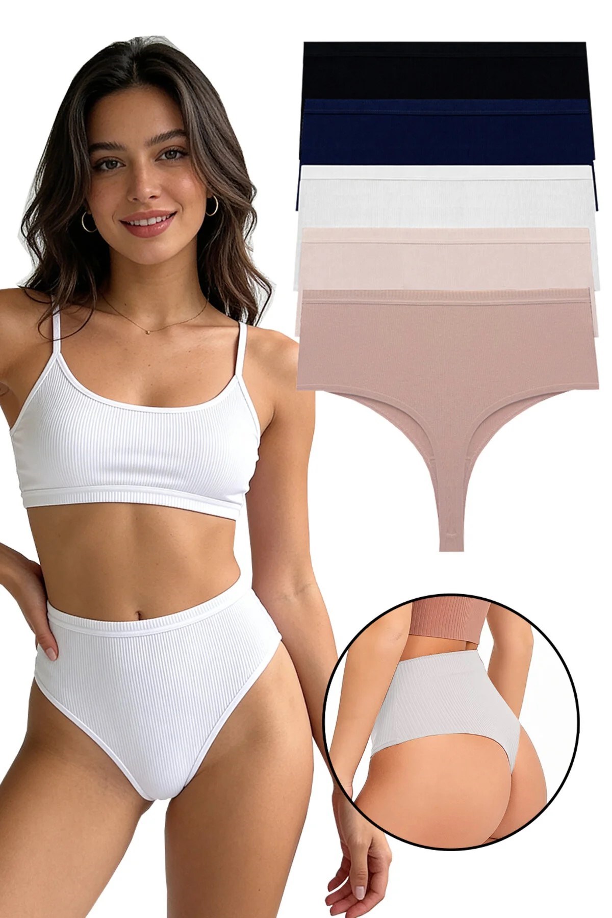 Kadın Yüksek Bel Fitilli Tanga 5'li Paket