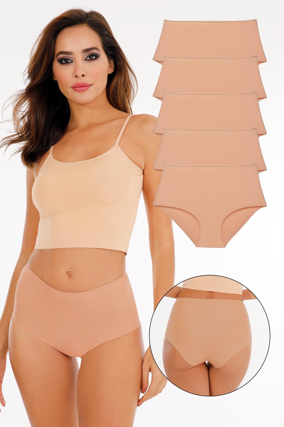 Kadın Yüksek Bel Lazer Kesim (BELİ LASTİKLİ) 5li Külot Set - KTS2035 5 TEN