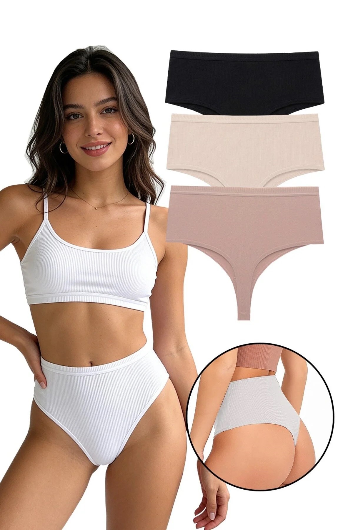 Kadın Yüksek Bel Tanga Fitilli Külot 3'lü Paket