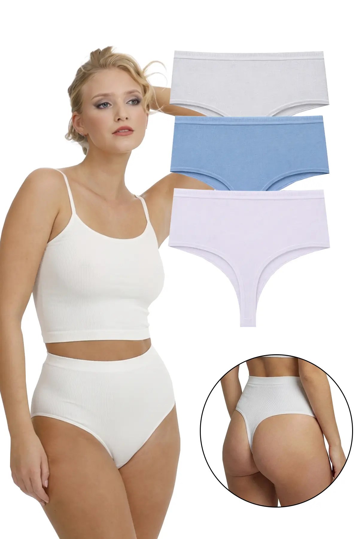 Kadın Yüksek Bel Tanga Fitilli Külot 3'lü Paket