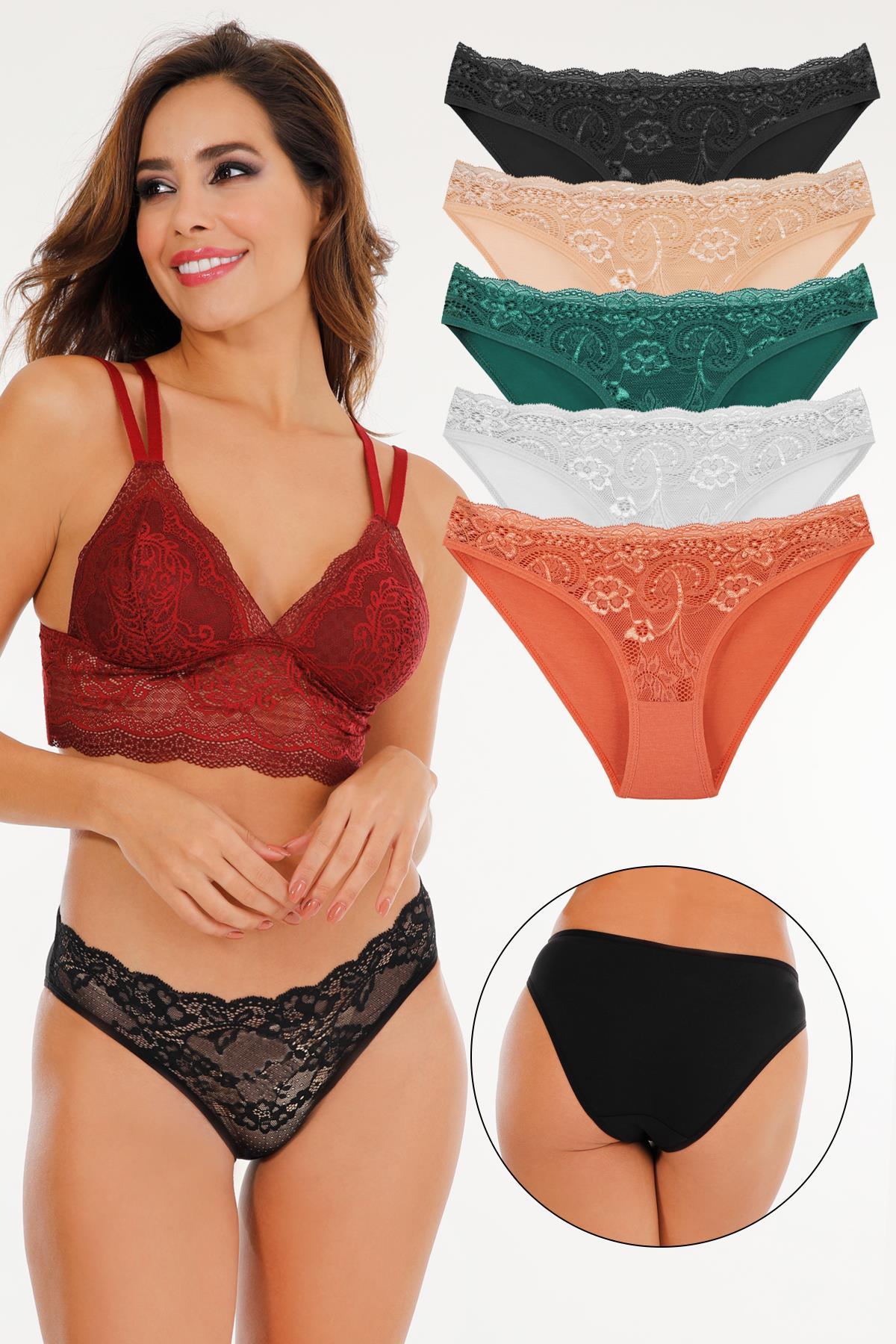 Sensu Kadın Dantelli Karışık Renkler Slip Külot 5l i Paket Set KTS3064 KARIŞIK