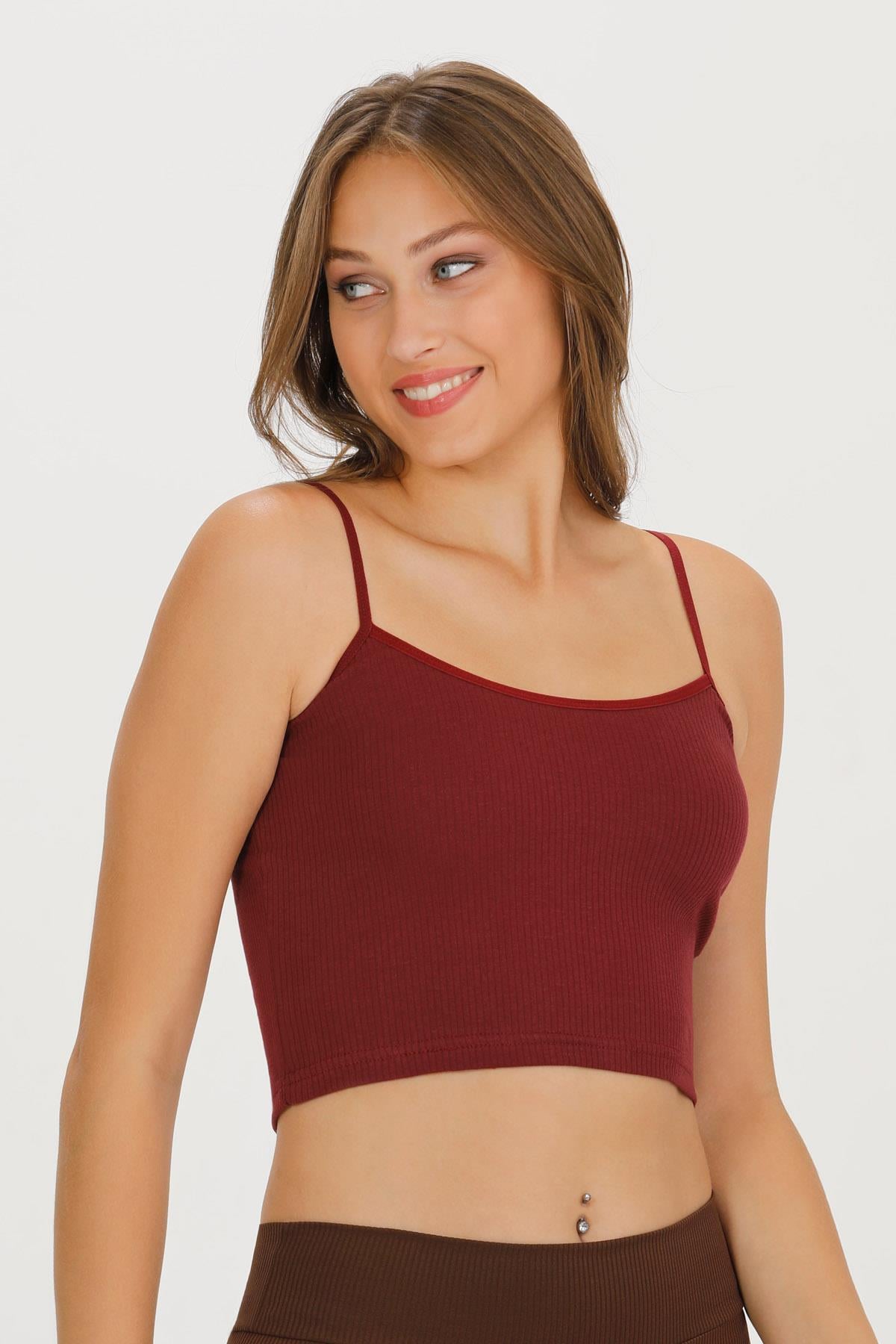 Sensu Kadın Fitilli Kumaş İp Askılı Crop Büstiyer - CROP120 BORDO