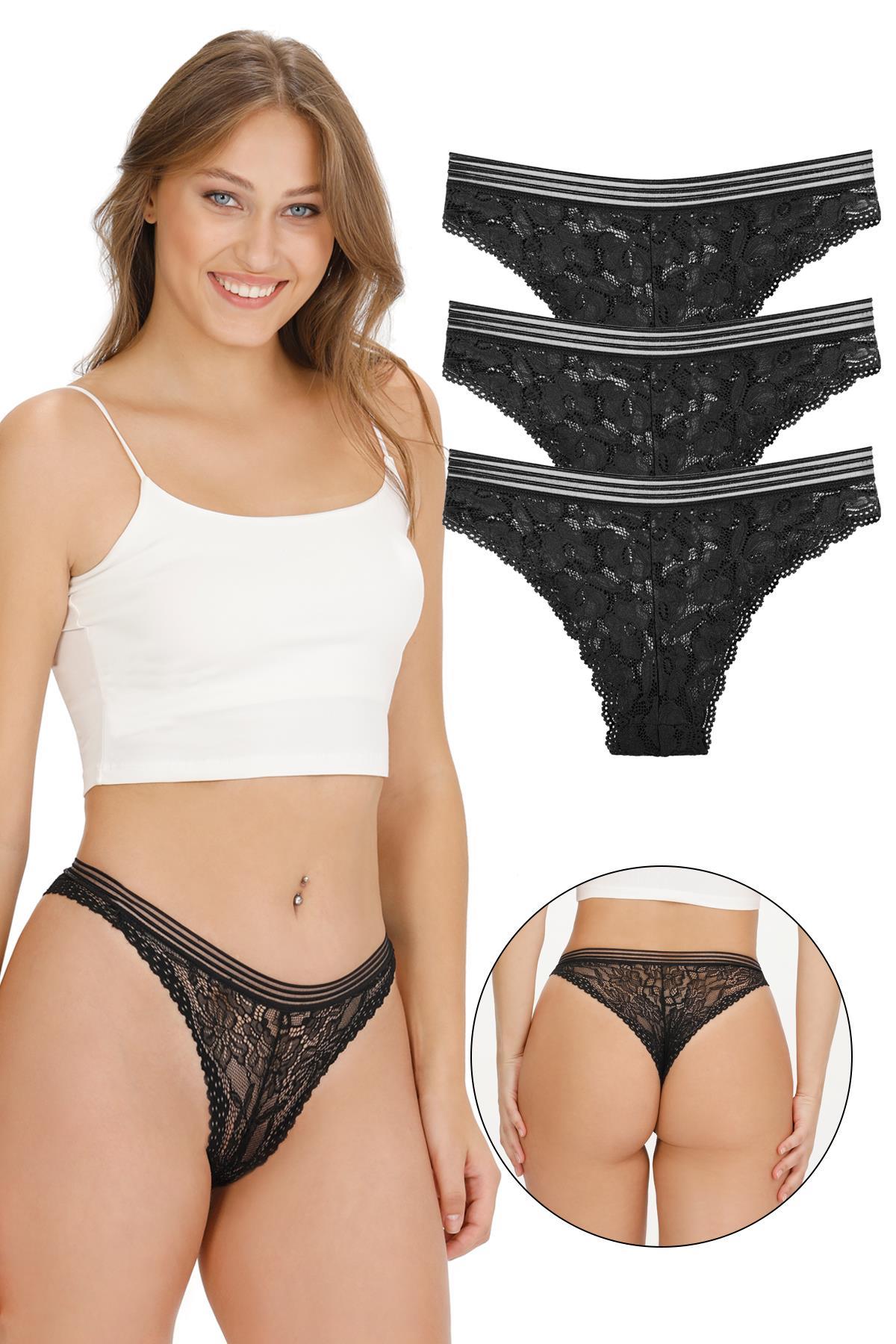 Sensu Kadın Full Dantelli 3 Lü Külot Paket Set Siyah