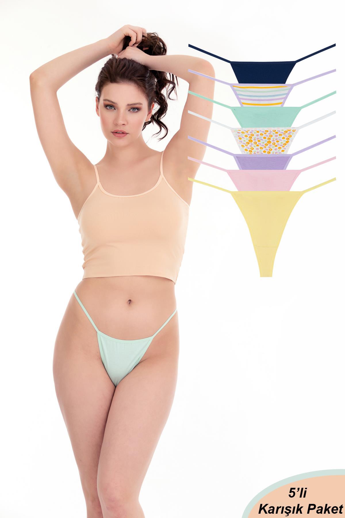Sensu Kadın İpli Brazilian Tanga 7 li  Külot Set Desenli Karışık Renkler -KTS3023