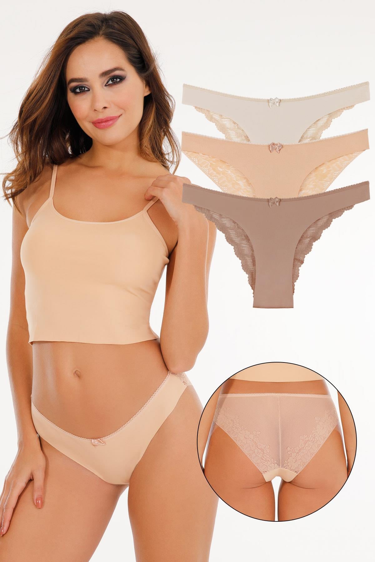 Sensu Kadın Lazer Kesim Brazilian Model Dantel Detaylı 3lü Külot Set - KTS3106 MODEL3