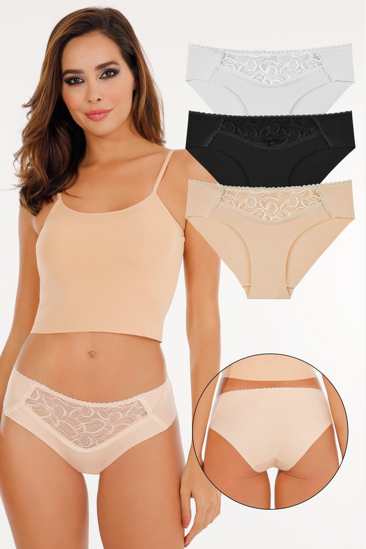 Sensu Kadın Lazer Kesim Dantel Detaylı Slip Külot 3 lü Paket Set - KTS3100 MODEL1