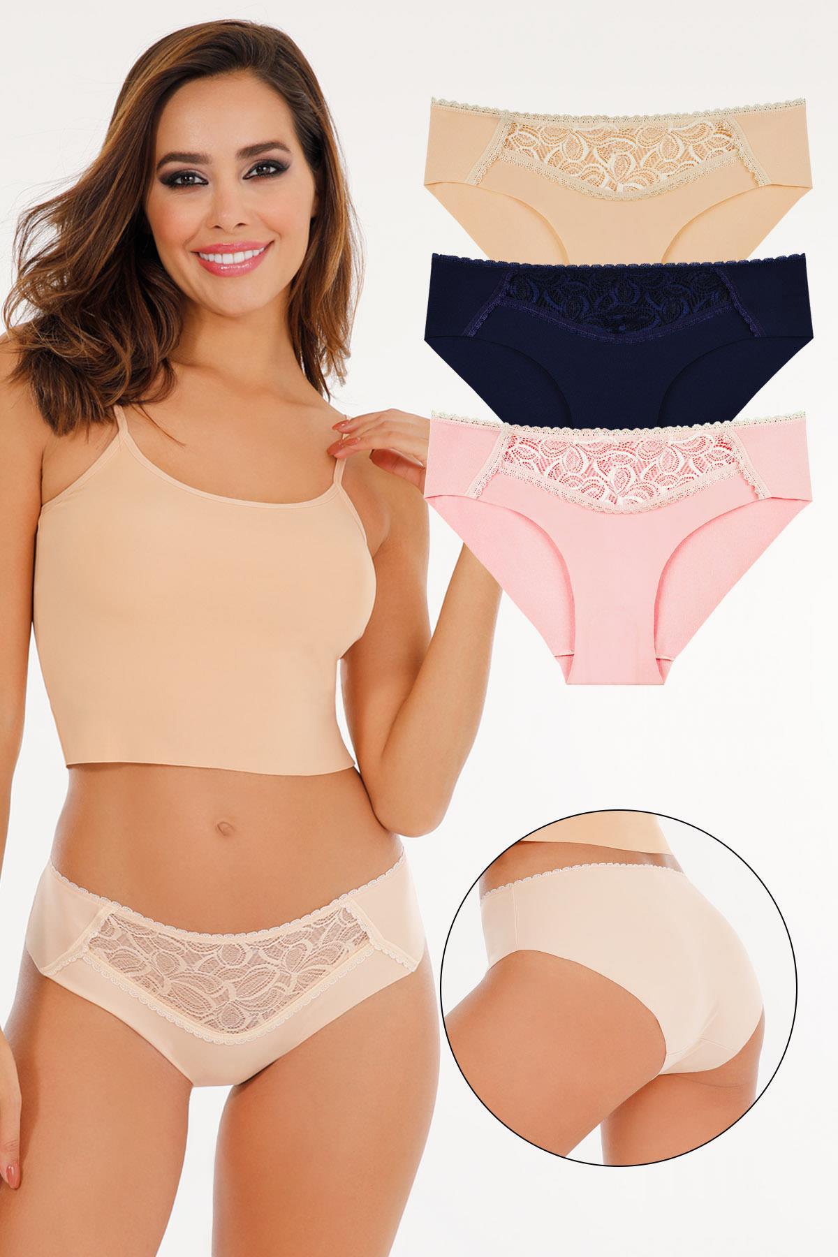 Sensu Kadın Lazer Kesim Dantel Detaylı Slip Külot 3 lü Paket Set - KTS3100 MODEL2
