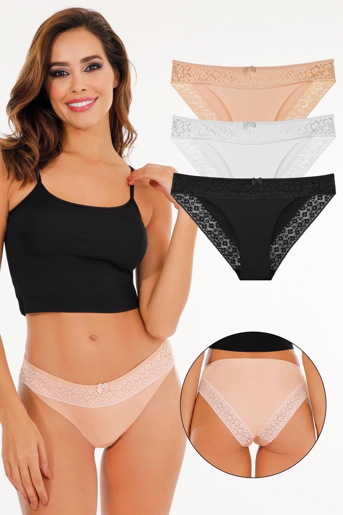 Sensu Kadın Lazer Kesim Dantelli Slip Külot 3 lü Paket Set - KTS3101 MODEL1