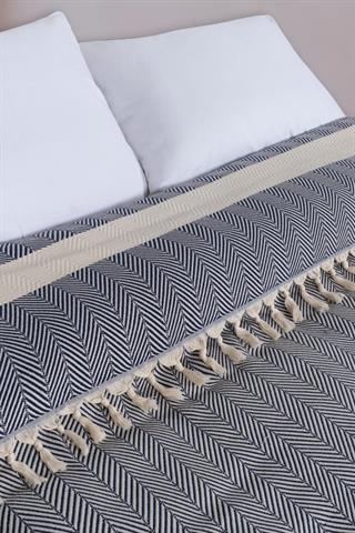Çift Kişilik 200x250 Balık Sırtı Desen, Lacivert Renk, Pamuklu, Saçaklı, Yatak Örtüsü