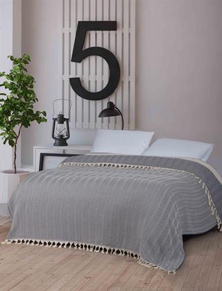 Çift Kişilik 200x250 Balık Sırtı Desen, Lacivert Renk, Pamuklu, Saçaklı, Yatak Örtüsü