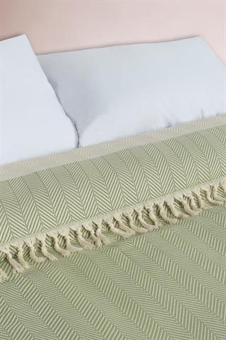 Çift Kişilik 200x250 Balık Sırtı Desen, Yeşil Renk, Pamuklu, Saçaklı, Yatak Örtüsü