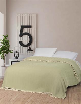 Çift Kişilik 200x250 Balık Sırtı Desen, Yeşil Renk, Pamuklu, Saçaklı, Yatak Örtüsü