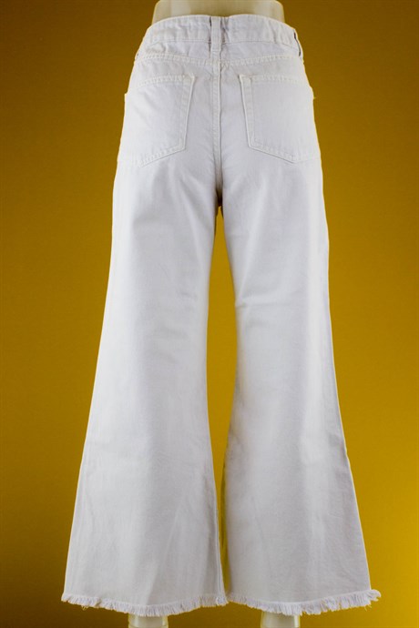 Beyaz Geniş Paça Kesik Denim Pantolon